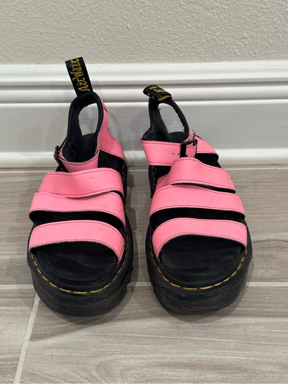 Dr. Martens Pink and Black Platform Strappy Sandals